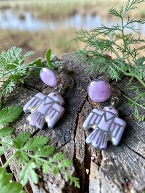 Vintage 1950s Pink Ceramic Thunderbird Dangle Earrings with Gold Luster